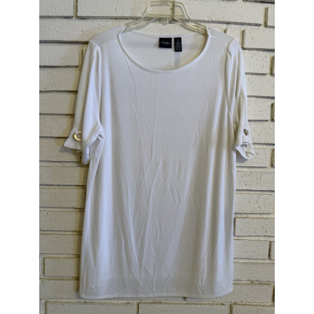Chico's Travelers 2 Top Women Size Lg White Round Neck Short Sleeve Slinky NWOT